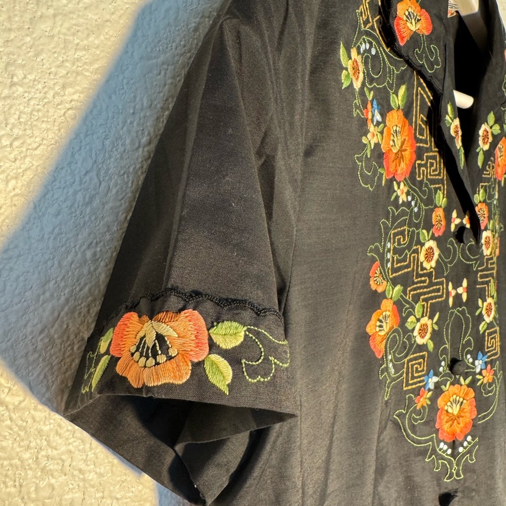 Women’s Vintage Floral Embroidered Black Button- Front Top by Daffodil - Picture 6 of 12